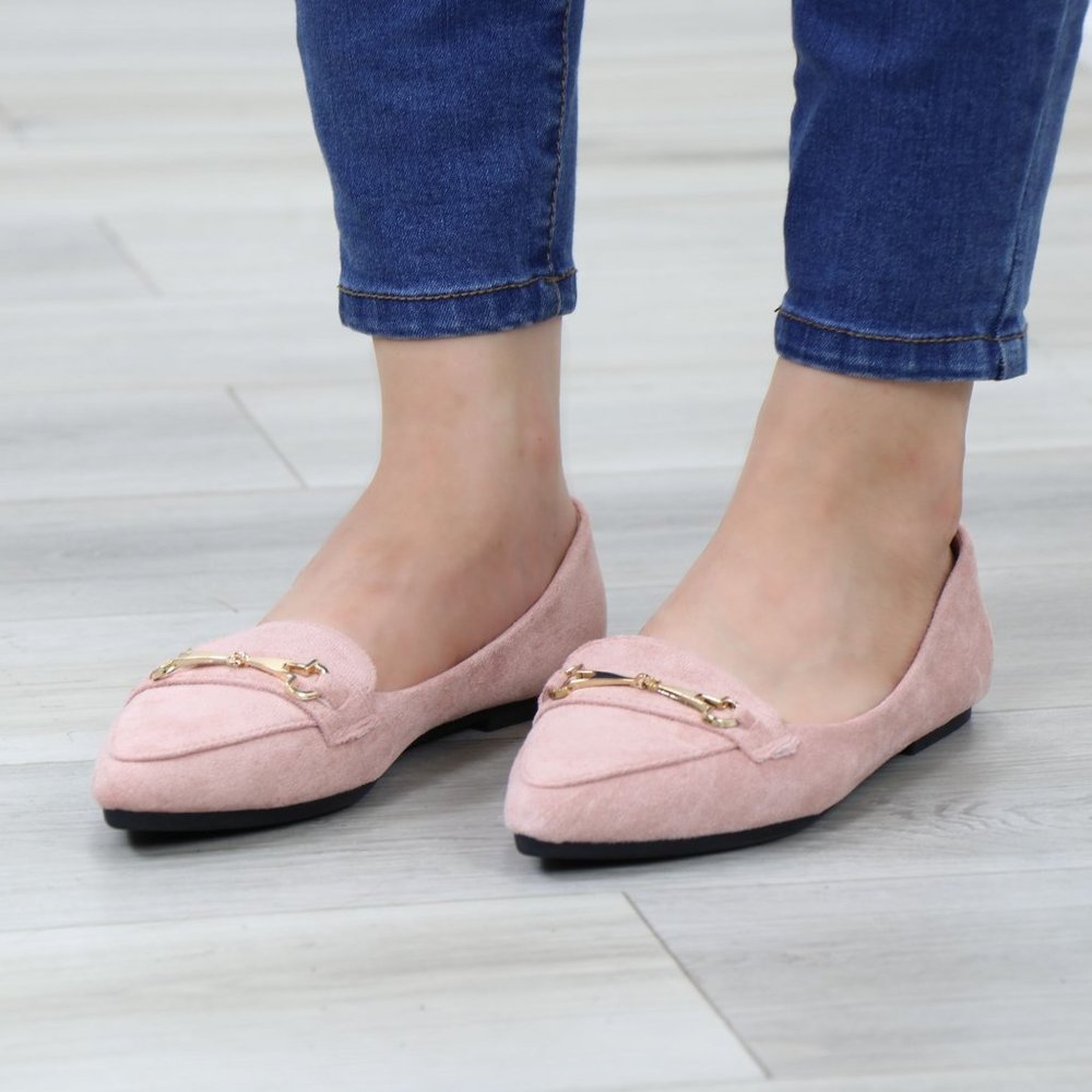 Pink Faux Suede Pointed Toe No Heel Flat Loafers Shoe Gold Accent Decor Slip On - Picture 3 of 14